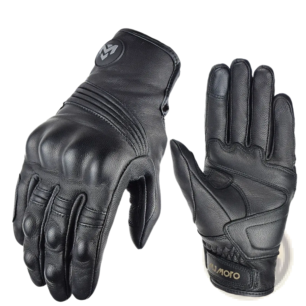 Black leather men motorcycle gloves breathable perforated with reinforced padding on knuckles and fingers back view