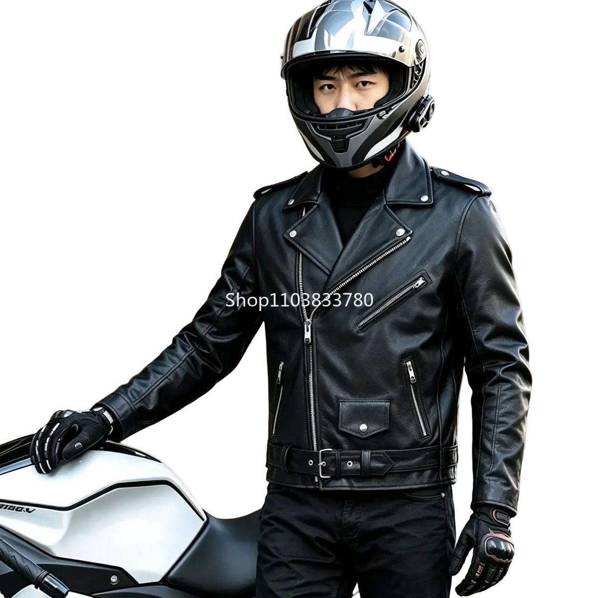 Men leather motorcycle jacket in black with silver zippers and belted waist for biker outerwear use