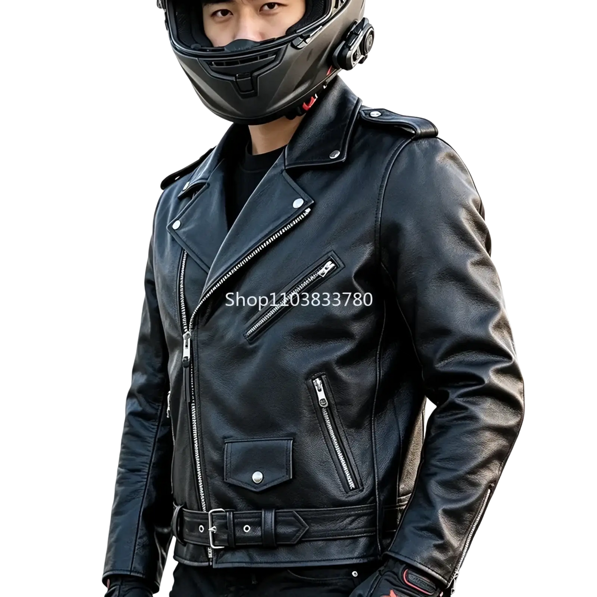 Men leather motorcycle jacket black biker outerwear featuring black leather with silver zippers and snap buttons