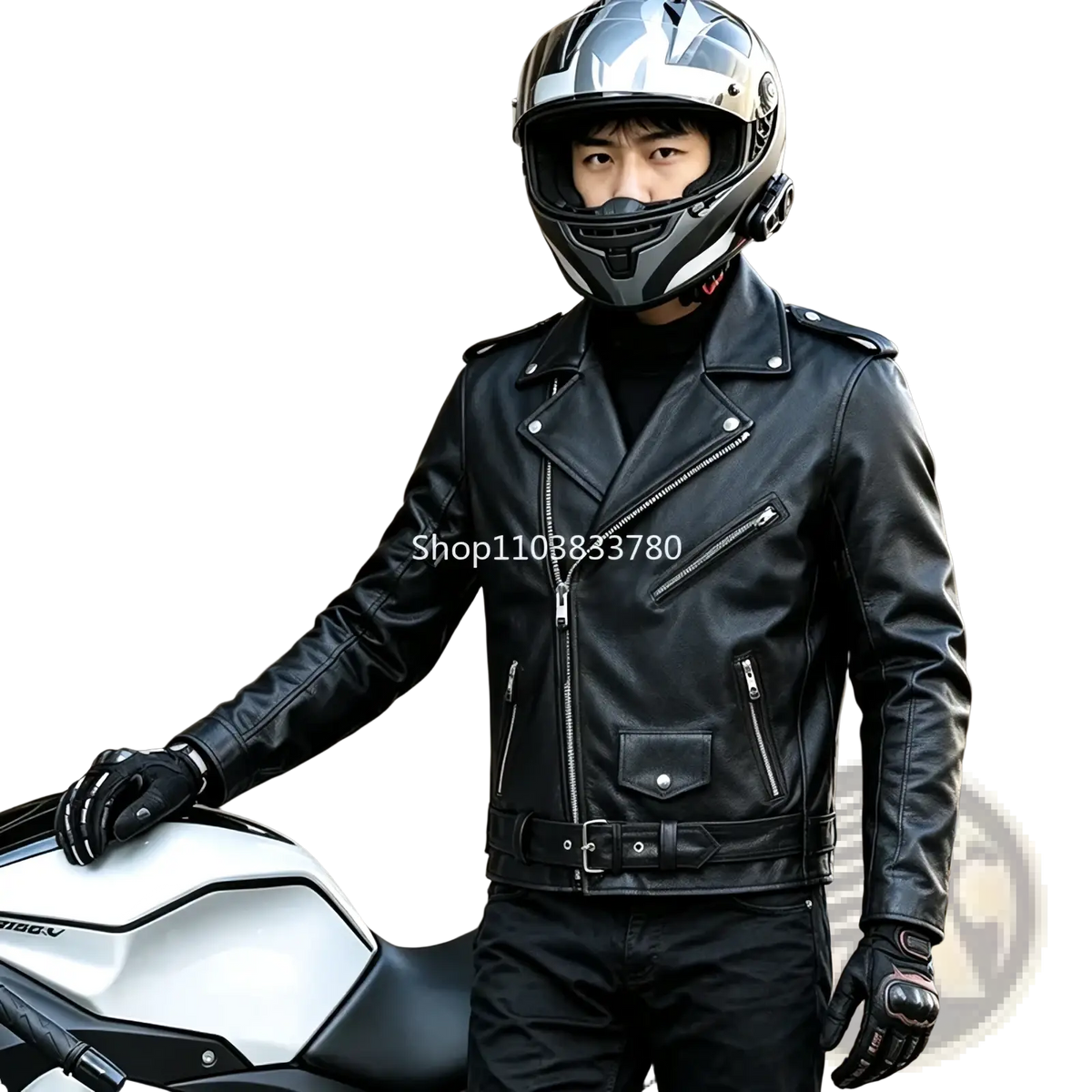 Men leather motorcycle jacket in black with silver zippers and belted waist for biker outerwear use