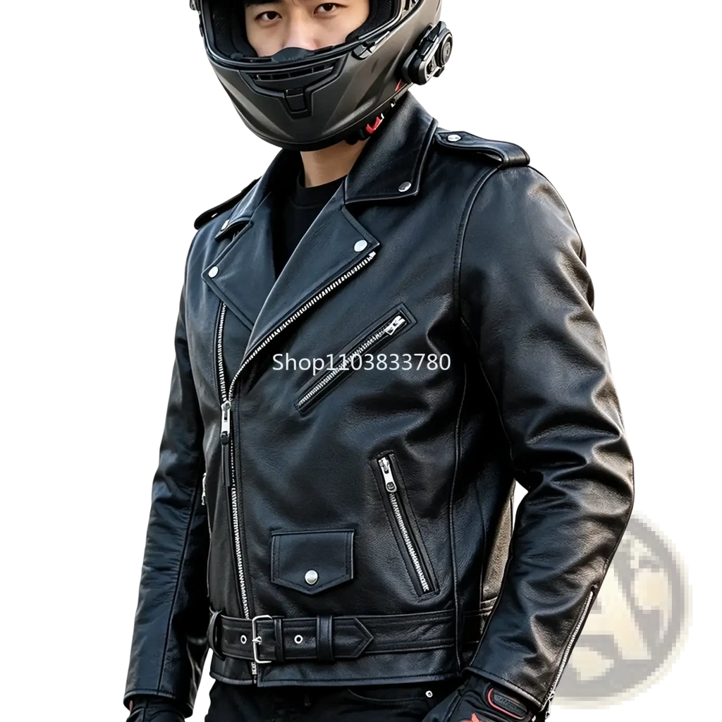 Men leather motorcycle jacket black biker outerwear featuring black leather with silver zippers and snap buttons