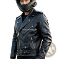Men leather motorcycle jacket black biker outerwear featuring black leather with silver zippers and snap buttons