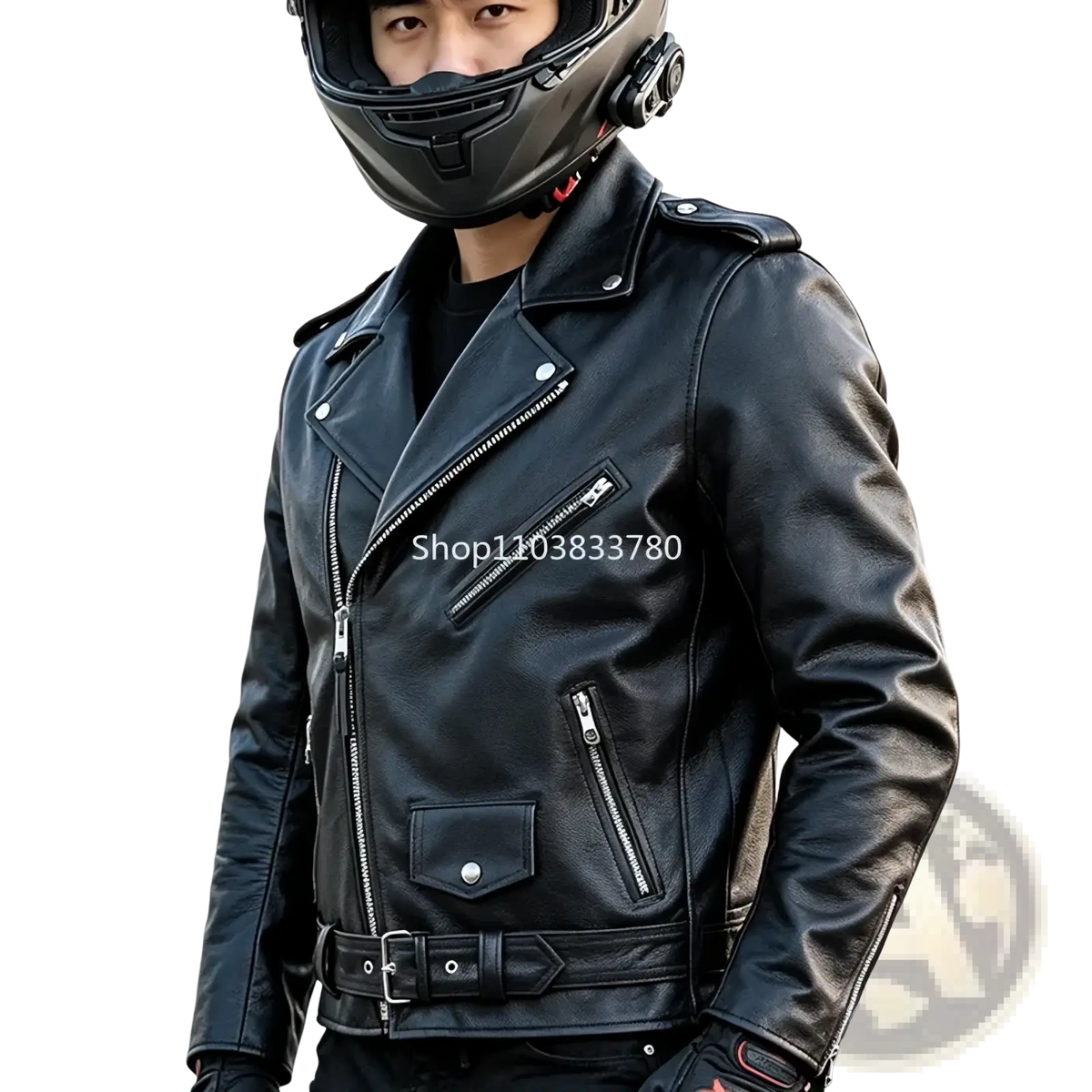 Men leather motorcycle jacket black biker outerwear featuring black leather with silver zippers and snap buttons