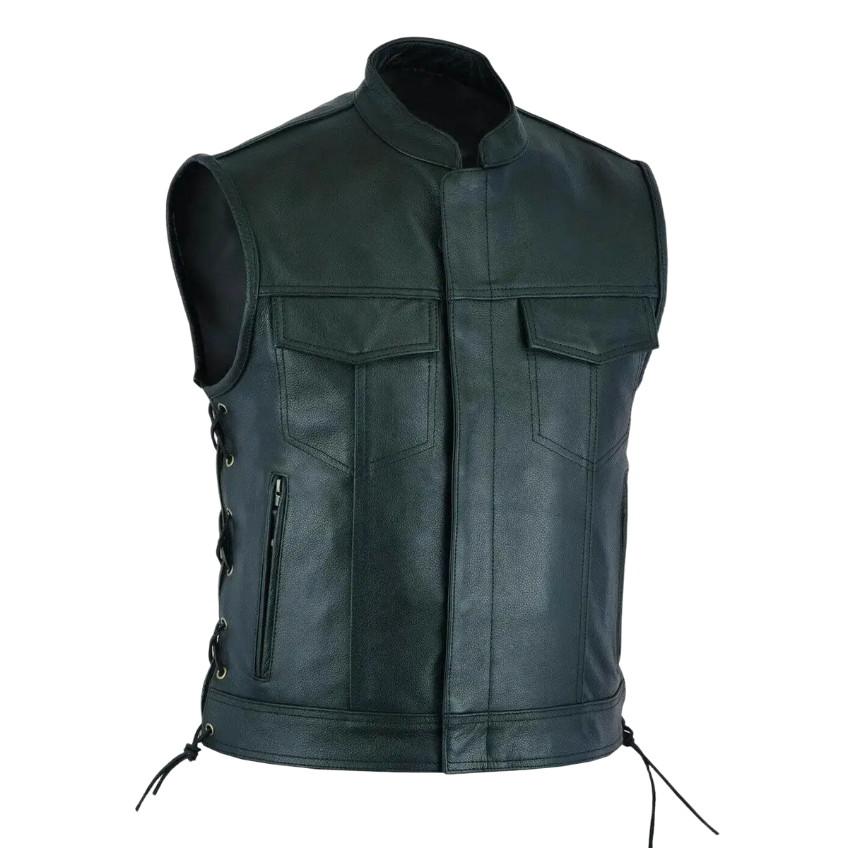 Men leather motorcycle vest in black with front pockets and side lacing ideal for casual biker wear