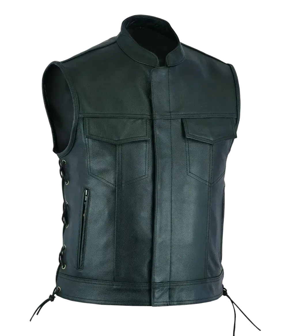 Men leather motorcycle vest in black with two front pockets and side lacing for casual biker use