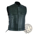 Men leather motorcycle vest in black with front pockets and side lacing ideal for casual biker wear