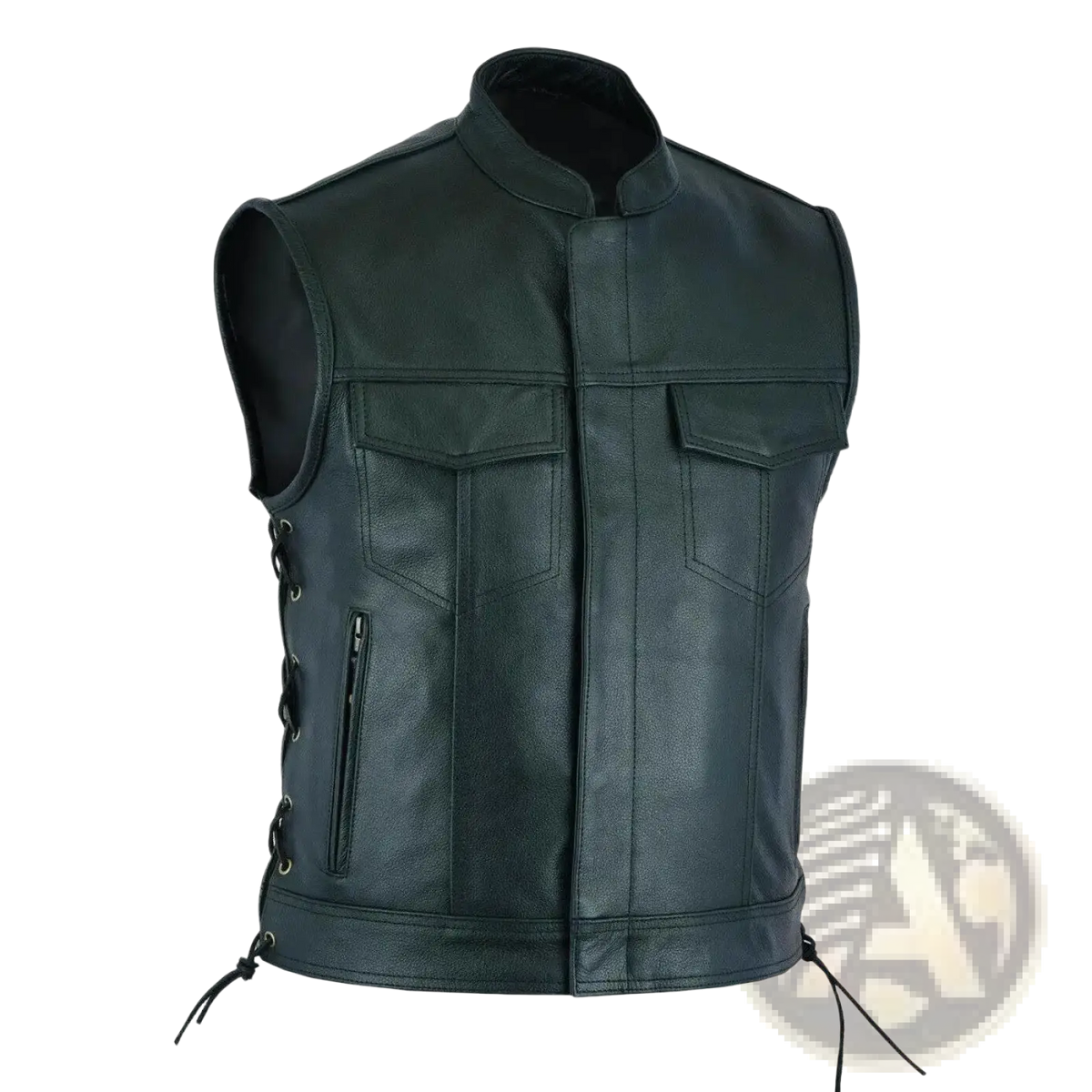 Men leather motorcycle vest in black with front pockets and side lacing ideal for casual biker wear