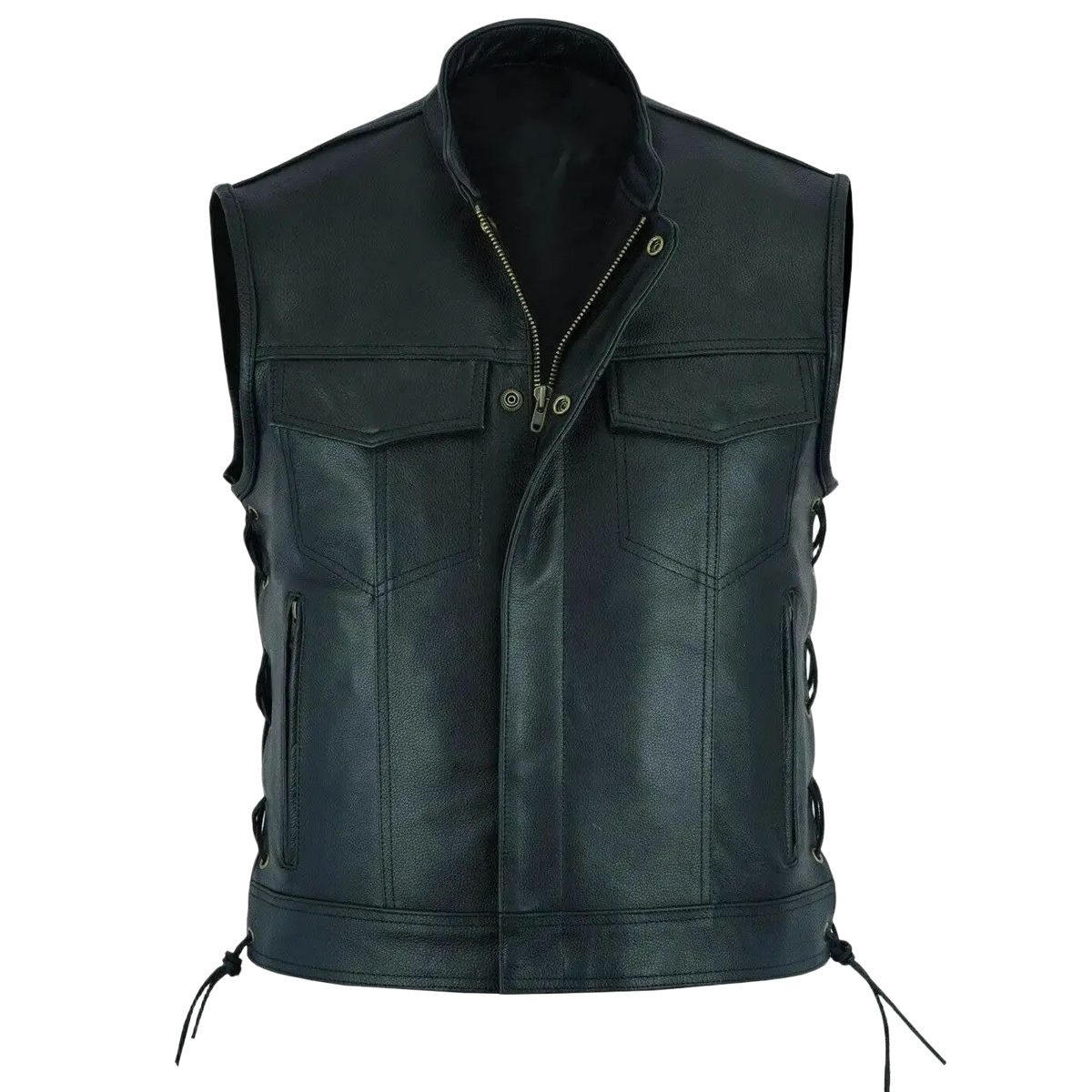 Men leather motorcycle vest in black with front zipper two chest pockets and side lacing for casual biker wear