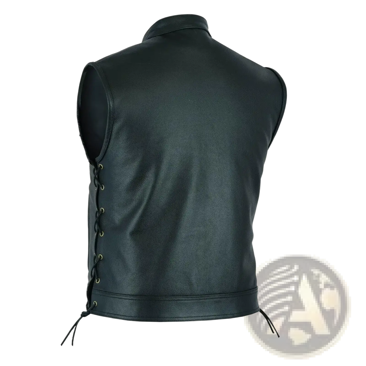 Men leather motorcycle vest in black with lace-up back detailing casual biker waistcoat shown from the back side