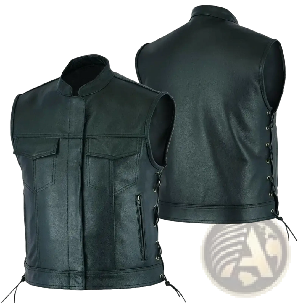 Black leather motorcycle vest for men with front pockets and side lacing casual biker waistcoat design