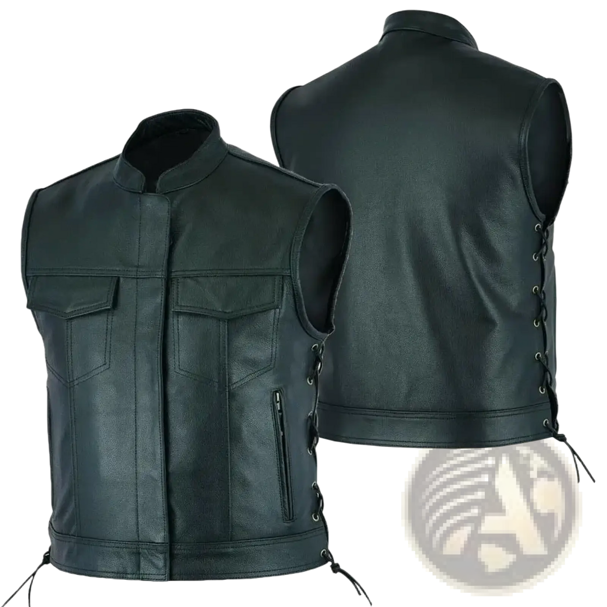 Black leather motorcycle vest for men with front pockets and side lacing casual biker waistcoat design