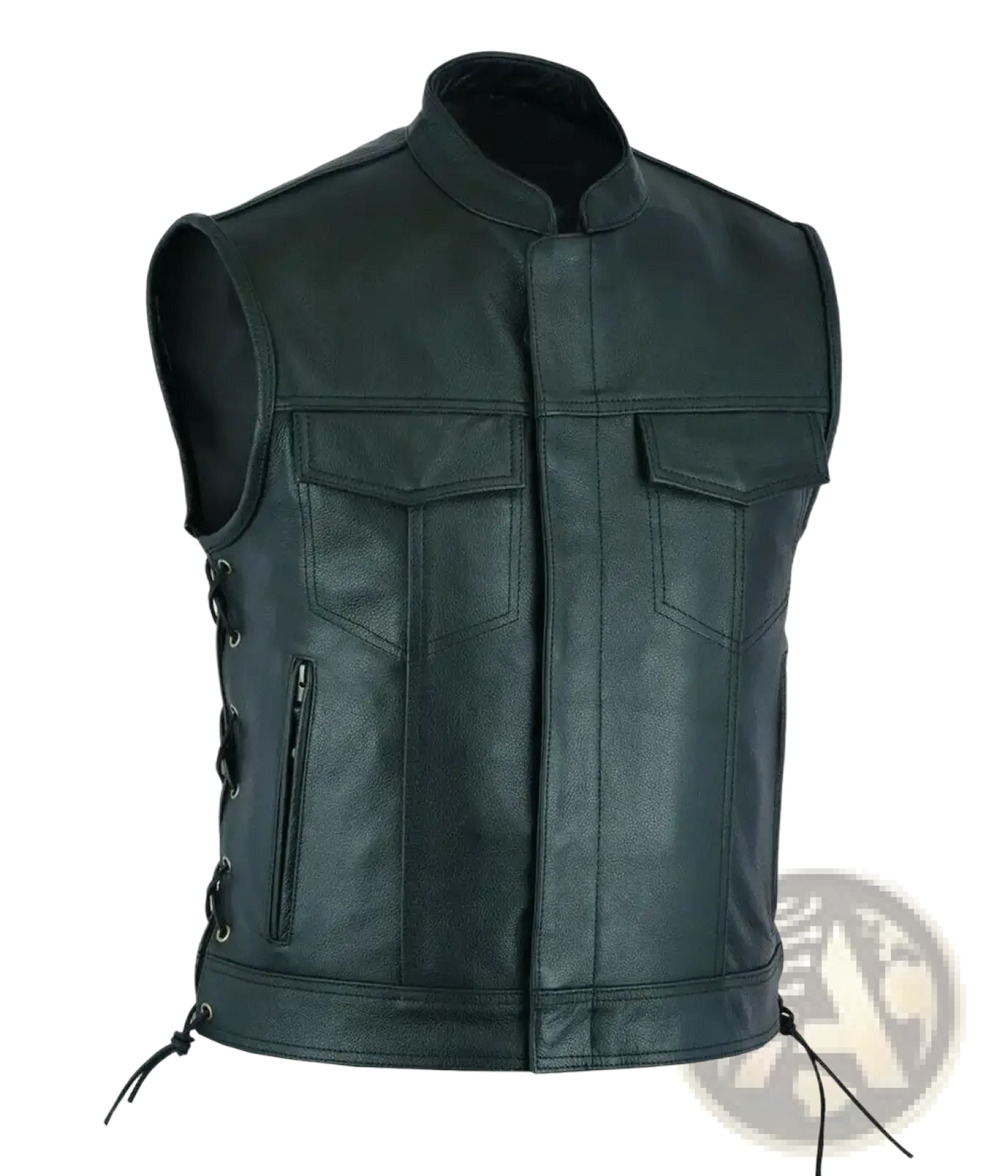Men leather motorcycle vest in black with two front pockets and side lacing for casual biker use