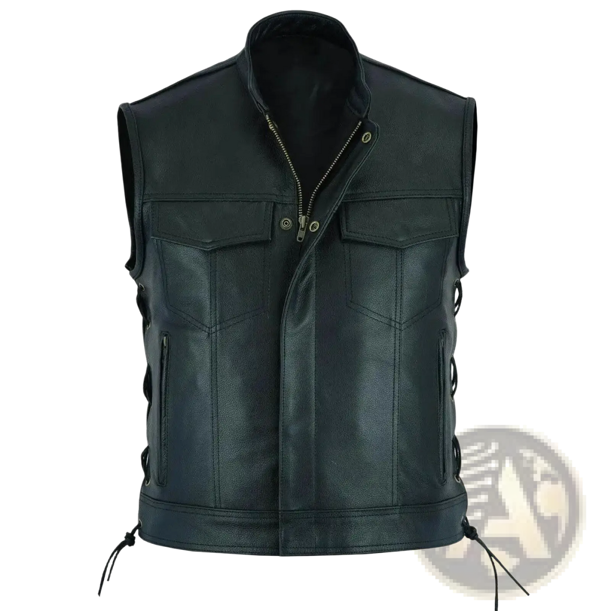Men leather motorcycle vest in black with front zipper two chest pockets and side lacing for casual biker wear