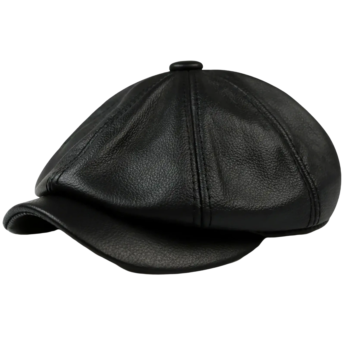 Black leather octagonal flat cap with textured surface and stitched panels made of genuine cowhide for men