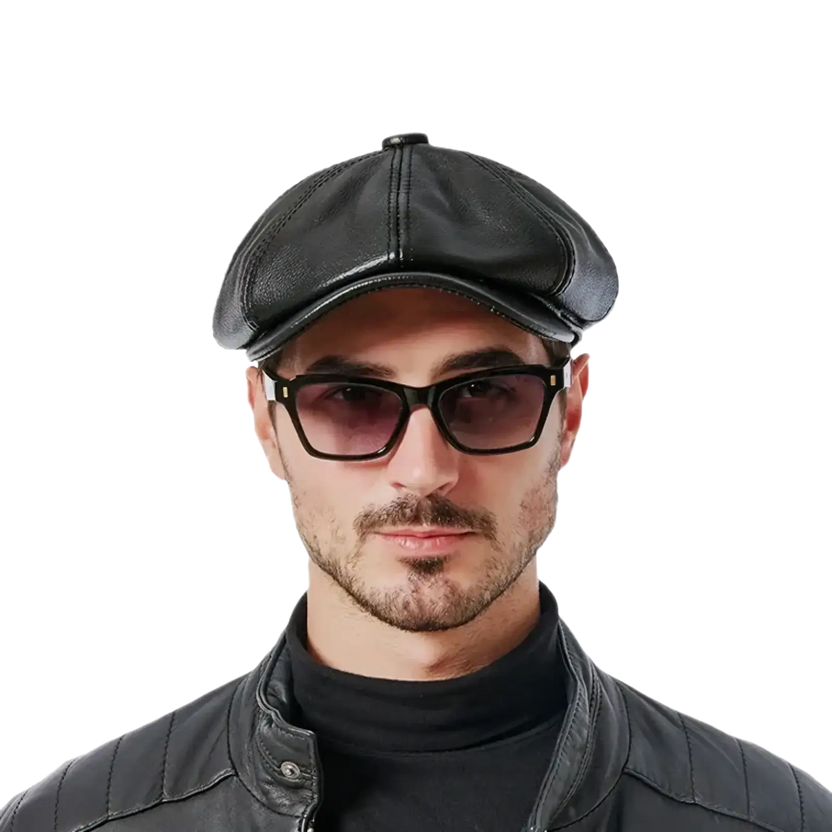 Black genuine cowhide flat cap with structured six-panel octagonal flat design and stitched seams for men