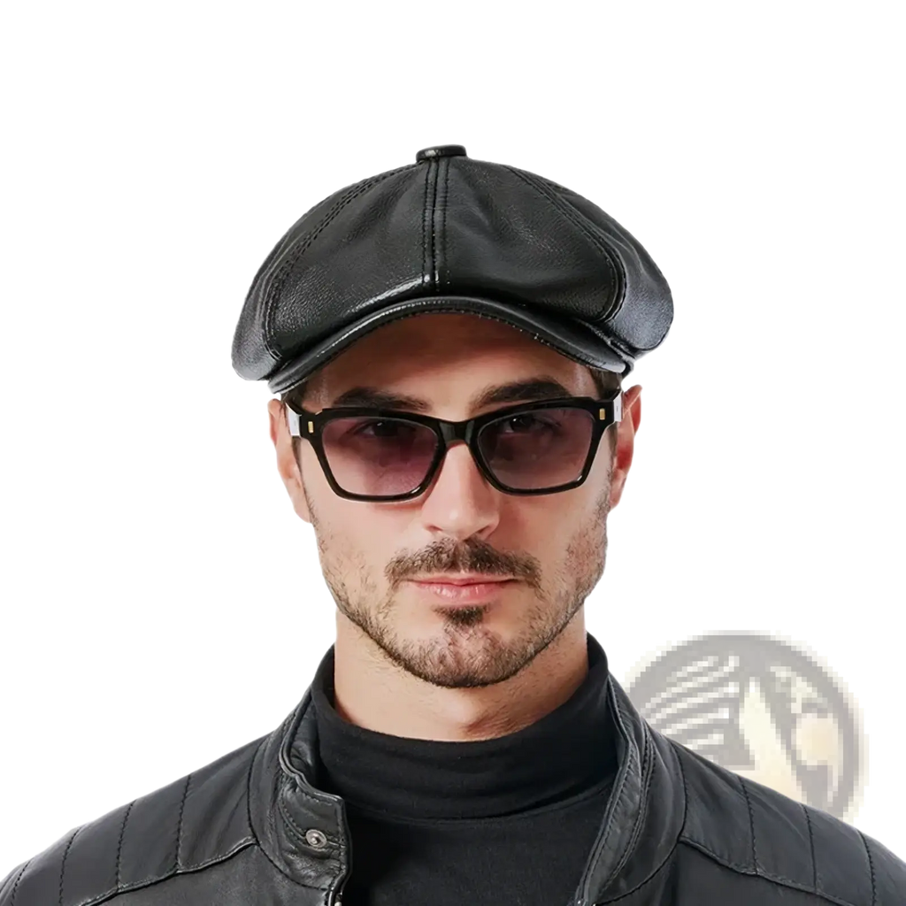 Black leather men octagonal flat cap with stitched panels and structured crown made from genuine cowhide beret material