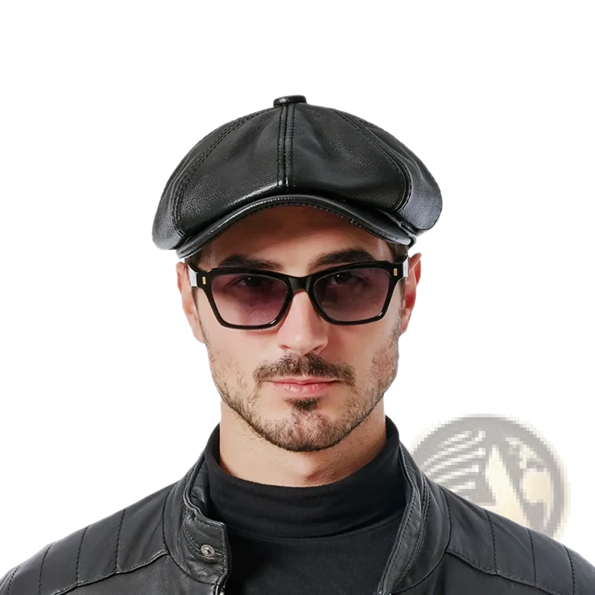 Black leather men octagonal flat cap with stitched panels and structured crown made from genuine cowhide beret material