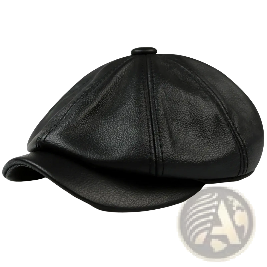 Black leather octagonal flat cap with textured surface and stitched panels made of genuine cowhide for men