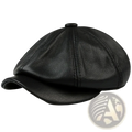 Black leather octagonal flat cap with textured surface and stitched panels made of genuine cowhide for men
