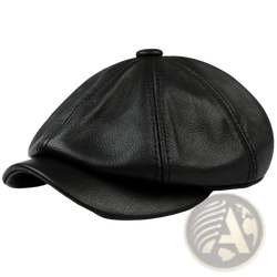 Black leather octagonal flat cap with textured surface and stitched panels made of genuine cowhide for men