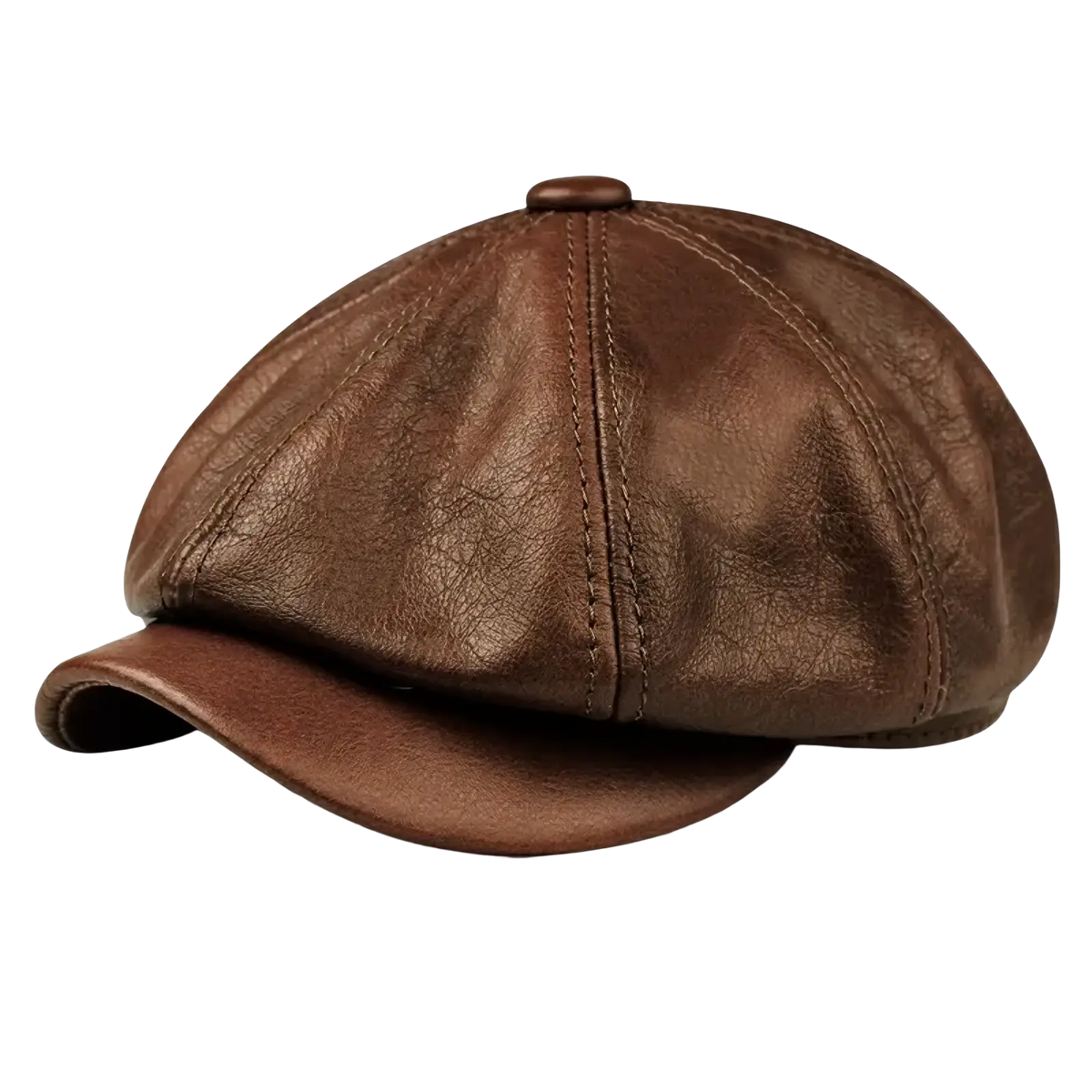 Brown leather octagonal flat cap with textured worn finish and visible stitching made of genuine cowhide leather