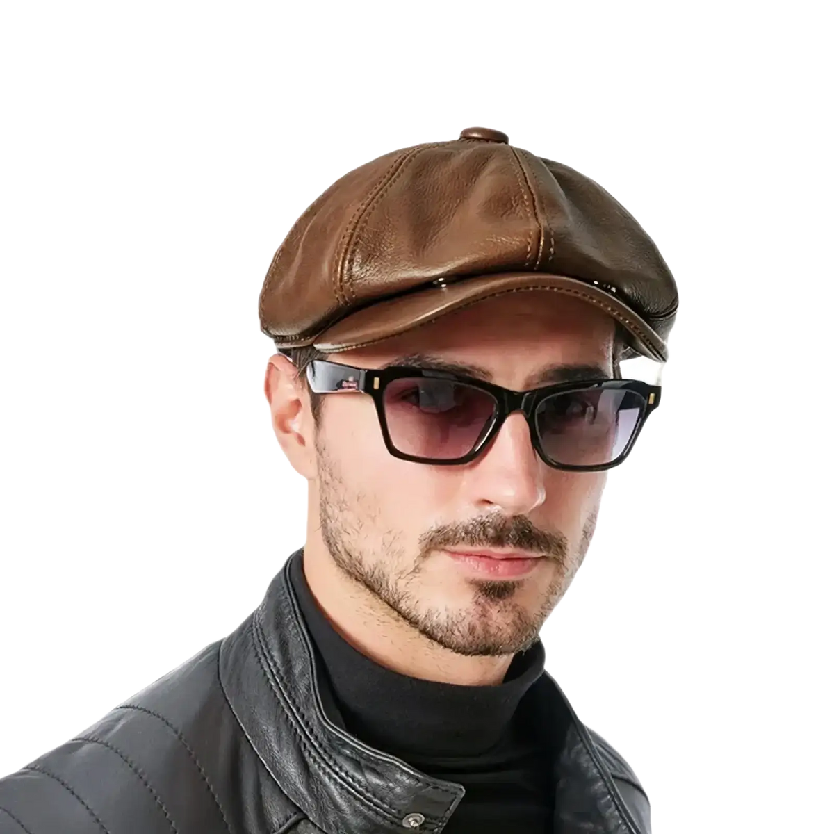 Brown leather octagonal flat cap with genuine cowhide material and structured six-panel design with visible stitching