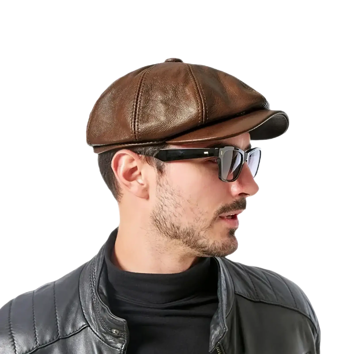 Brown leather octagonal flat cap with genuine cowhide material and stitched seams featuring a structured worn texture