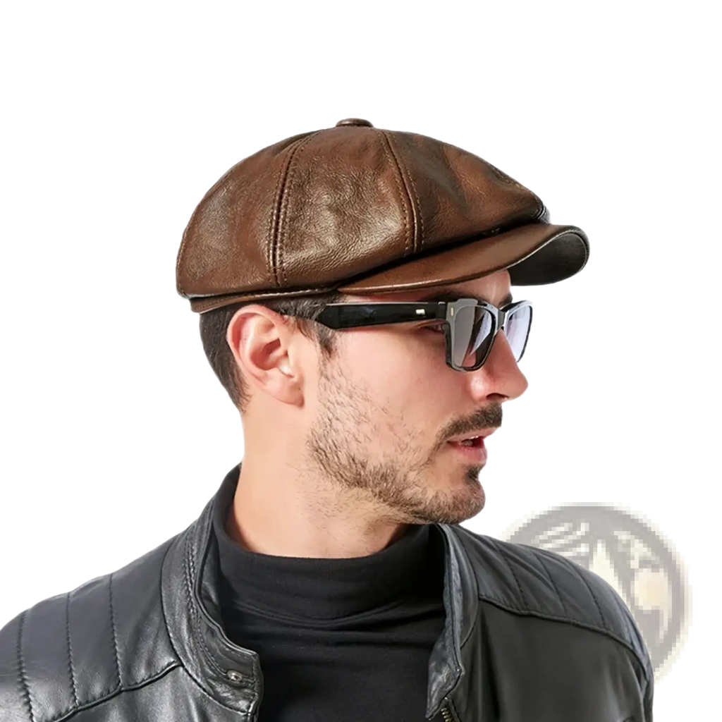 Brown leather octagonal flat cap made of genuine cowhide with a structured vintage-inspired design for men
