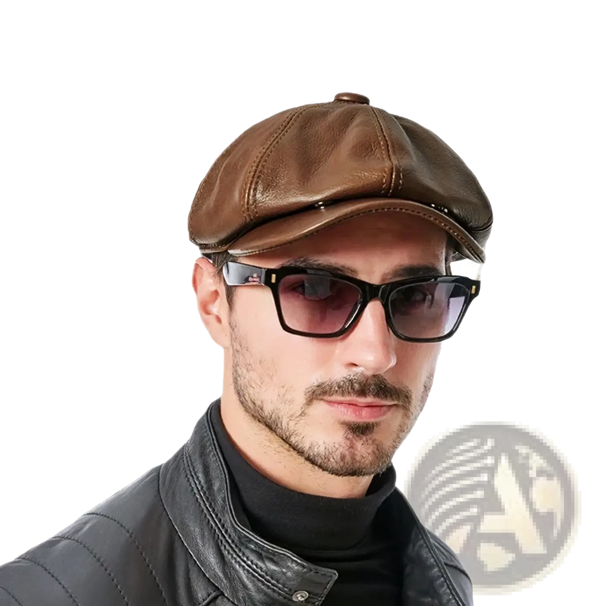 Men leather octagonal flat cap in brown genuine cowhide with structured eight-panel design and subtle stitching details