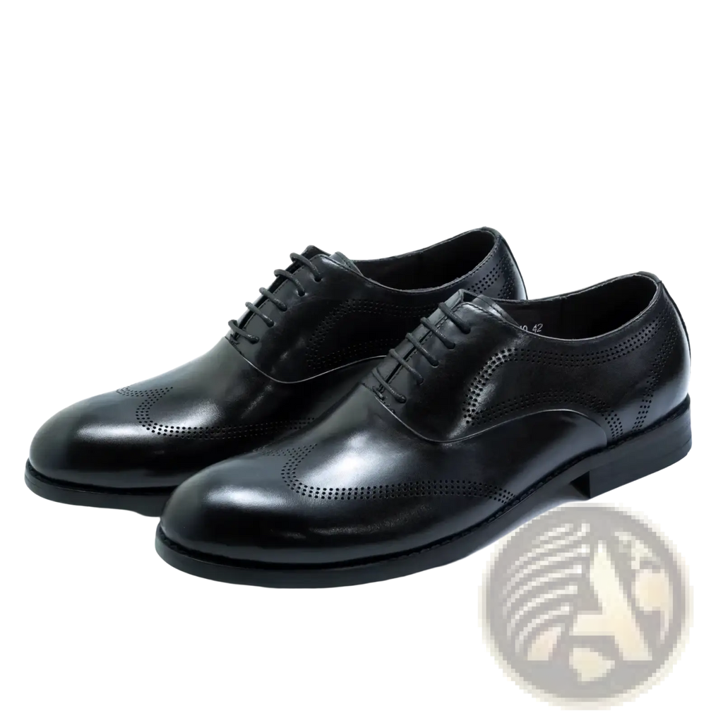 Men leather oxford brogue dress shoes in black with perforated detailing and a polished leather finish