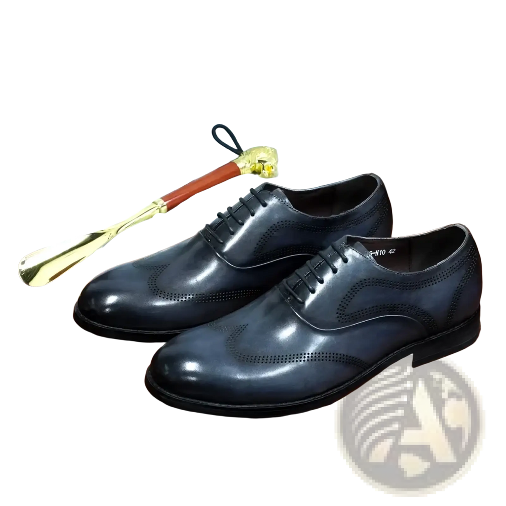 Men leather oxford brogue dress shoes in black leather with perforated detailing and a polished finish