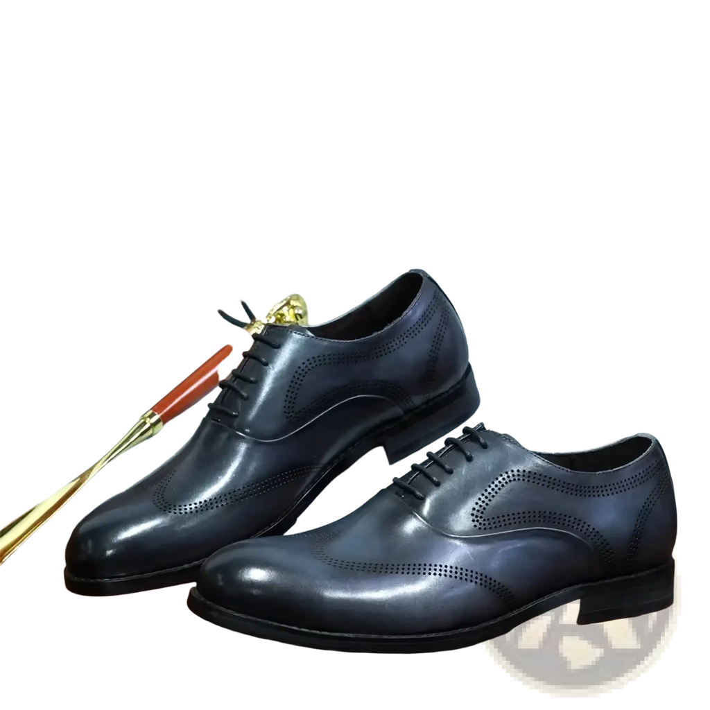 Men leather Oxford brogue dress shoes in black leather with perforated detailing and a polished finish