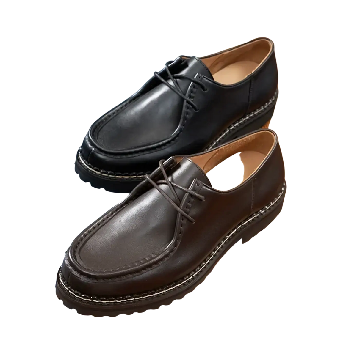 Men leather oxford dress shoes in black and brown leather with lace-up design and contrasting stitching