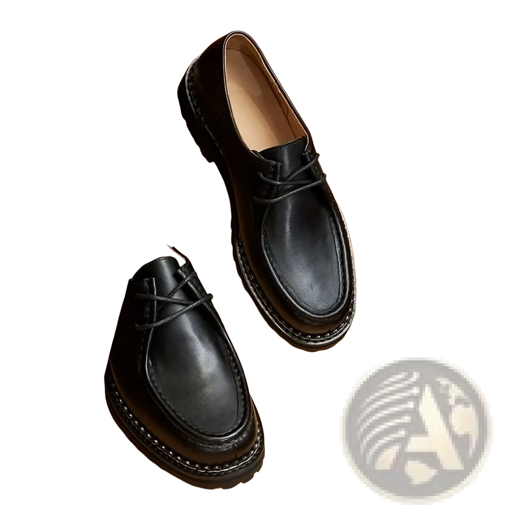 Men leather oxford dress shoes in black leather with a polished finish and visible stitching along the sole