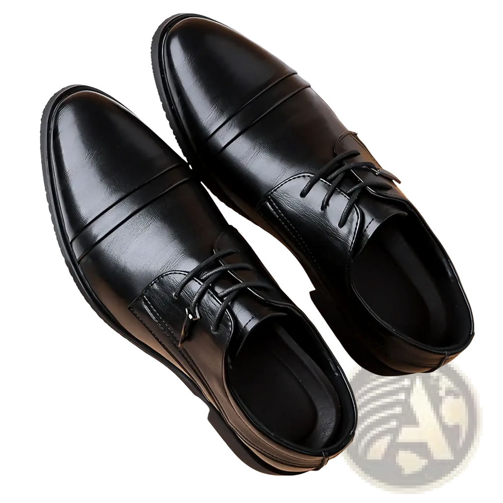 Black leather oxford dress shoes with polished finish and classic cap-toe design for british business wear