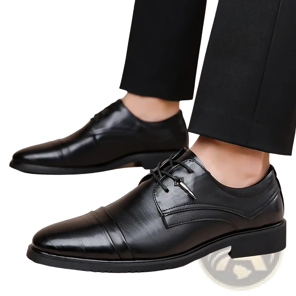 Black leather oxford dress shoes with cap toe and subtle stitching details for british business wear