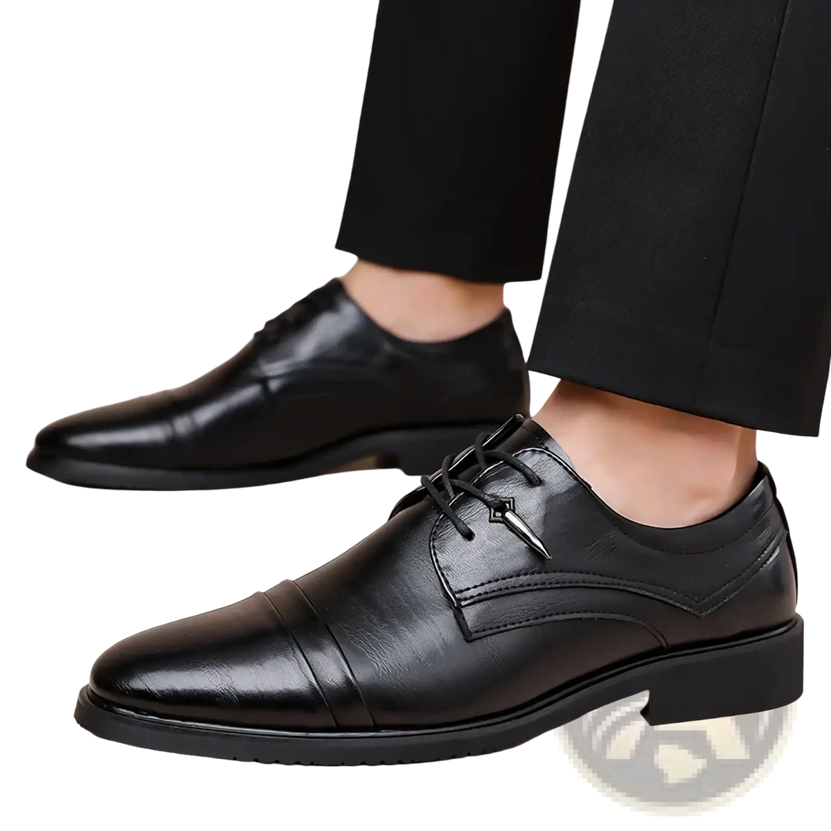 Black leather oxford dress shoes with cap toe and subtle stitching details for british business wear