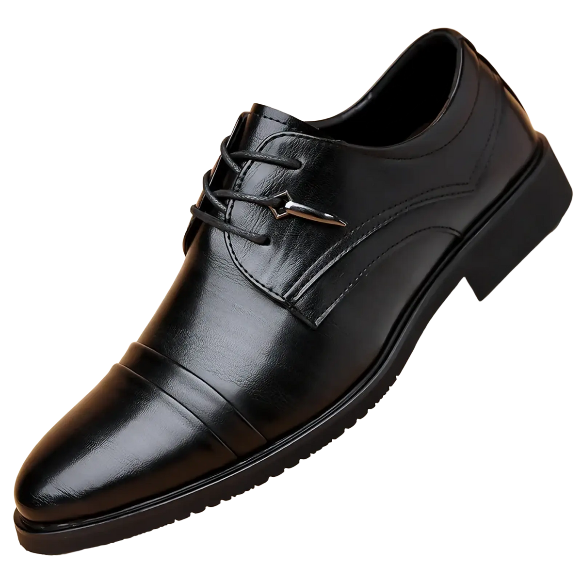 Black leather Oxford dress shoe with sleek polished finish and subtle stitching for British business wear