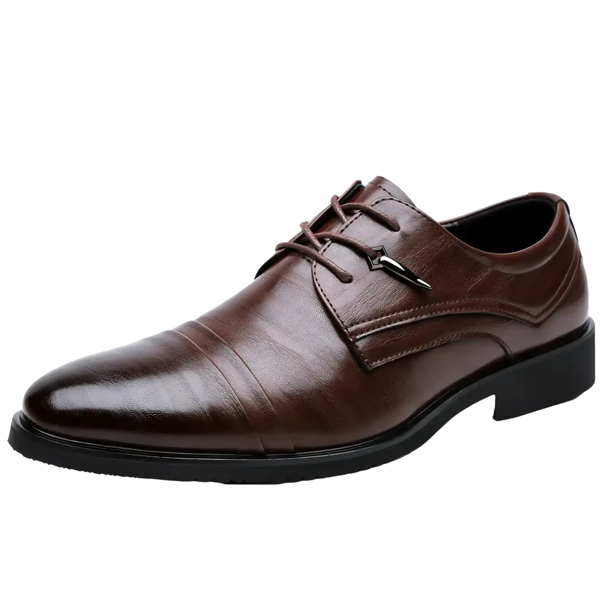 Brown leather men leather Oxford dress shoe with lace-up closure pointed toe and black rubber sole for business use