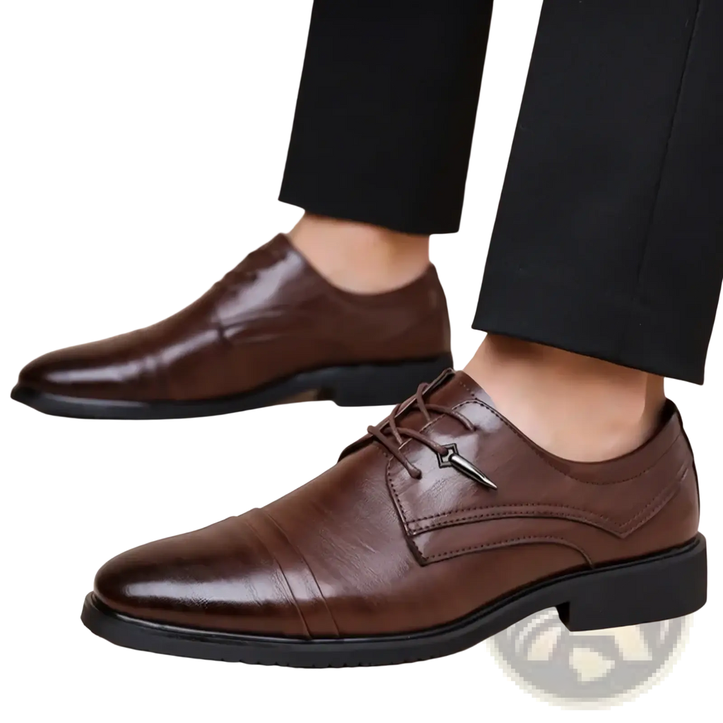 Men leather oxford dress shoes in brown leather with black rubber sole and silver metal accent for business use
