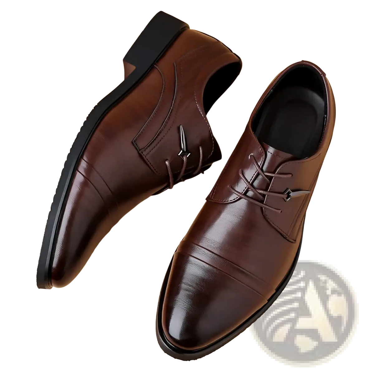Polished brown leather men Oxford dress shoes with black soles and decorative metal eyelets for British business use