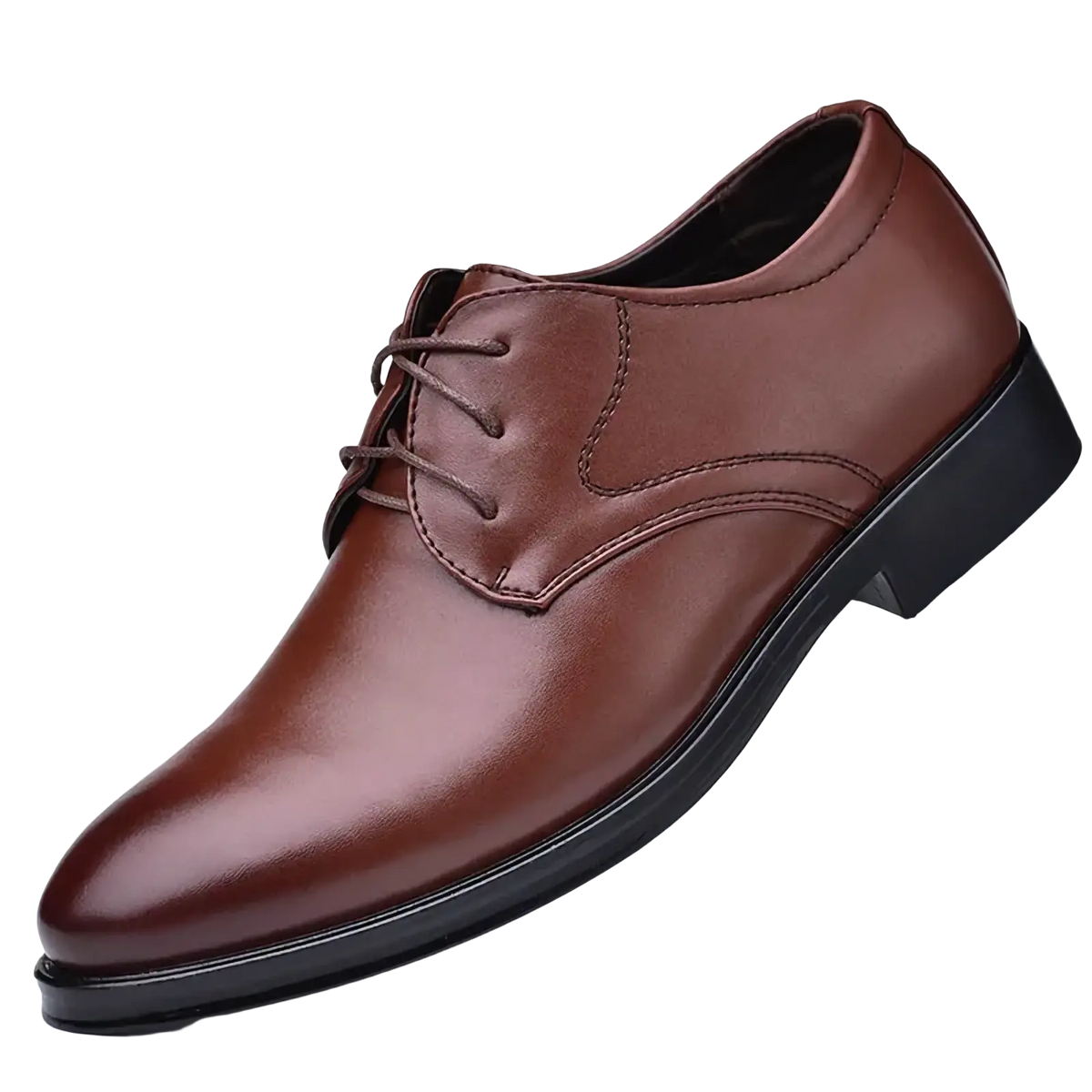Men leather Oxford dress shoe in brown leather with lace-up design and black rubber sole for formal wear