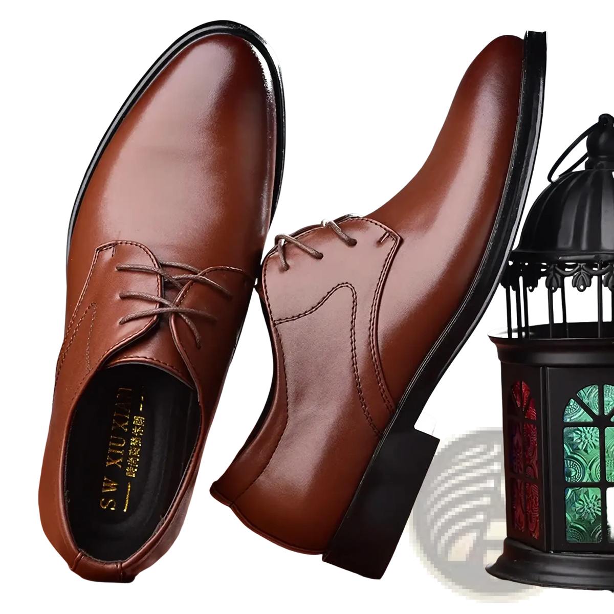 Men leather Oxford dress shoes in brown leather with black soles and laces for formal occasions