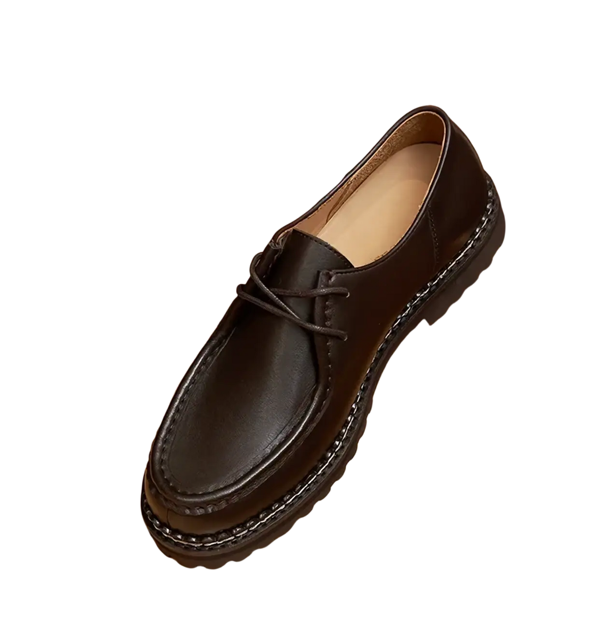 Men leather oxford dress shoes in dark brown leather with white stitching and chunky rubber sole