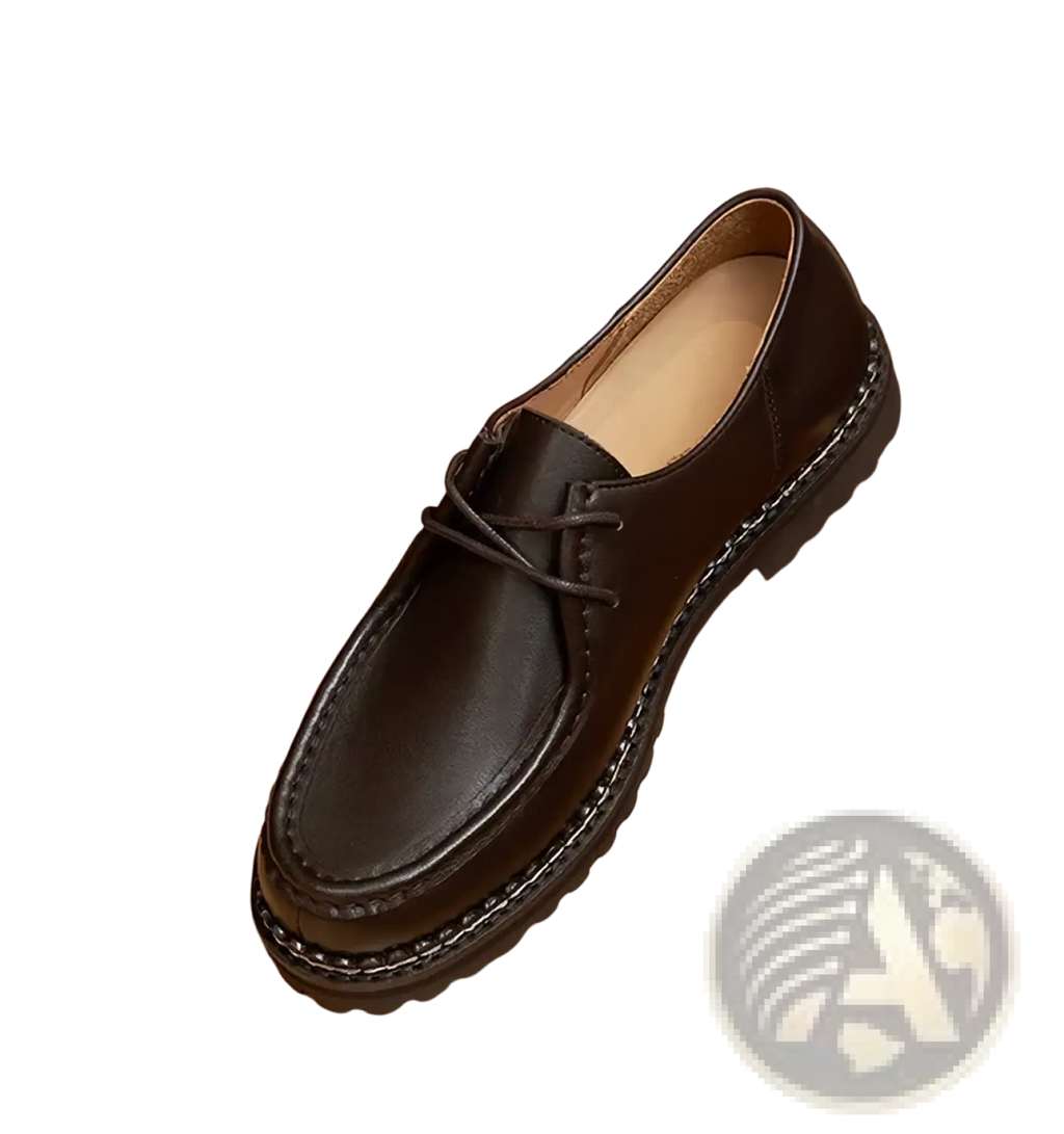 Men leather oxford dress shoes in dark brown leather with white stitching and chunky rubber sole