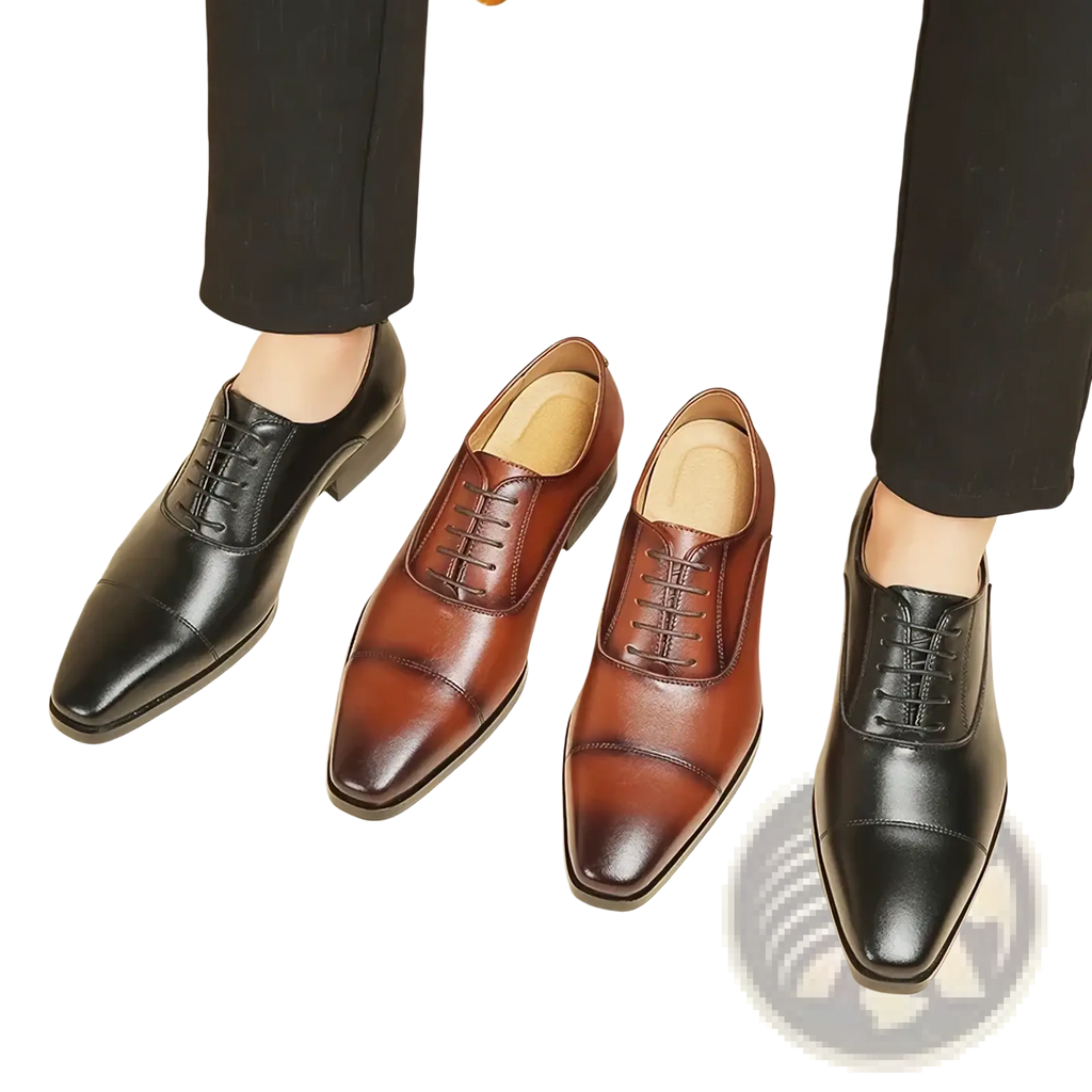 Men leather oxford dress shoes in black and brown leather with lace-up closure and polished finish for formal business use