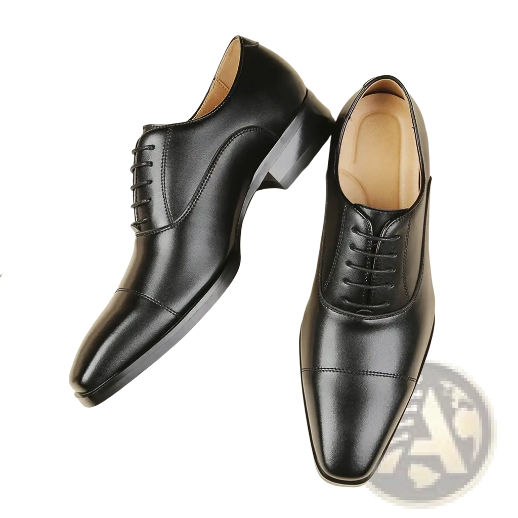 Black leather men leather oxford dress shoes with polished finish and classic cap-toe for formal business use