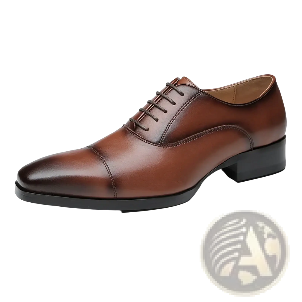 Men leather oxford dress shoe in brown polished leather with black rubber sole for formal business footwear