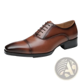 Men leather oxford dress shoe in brown polished leather with black rubber sole for formal business footwear