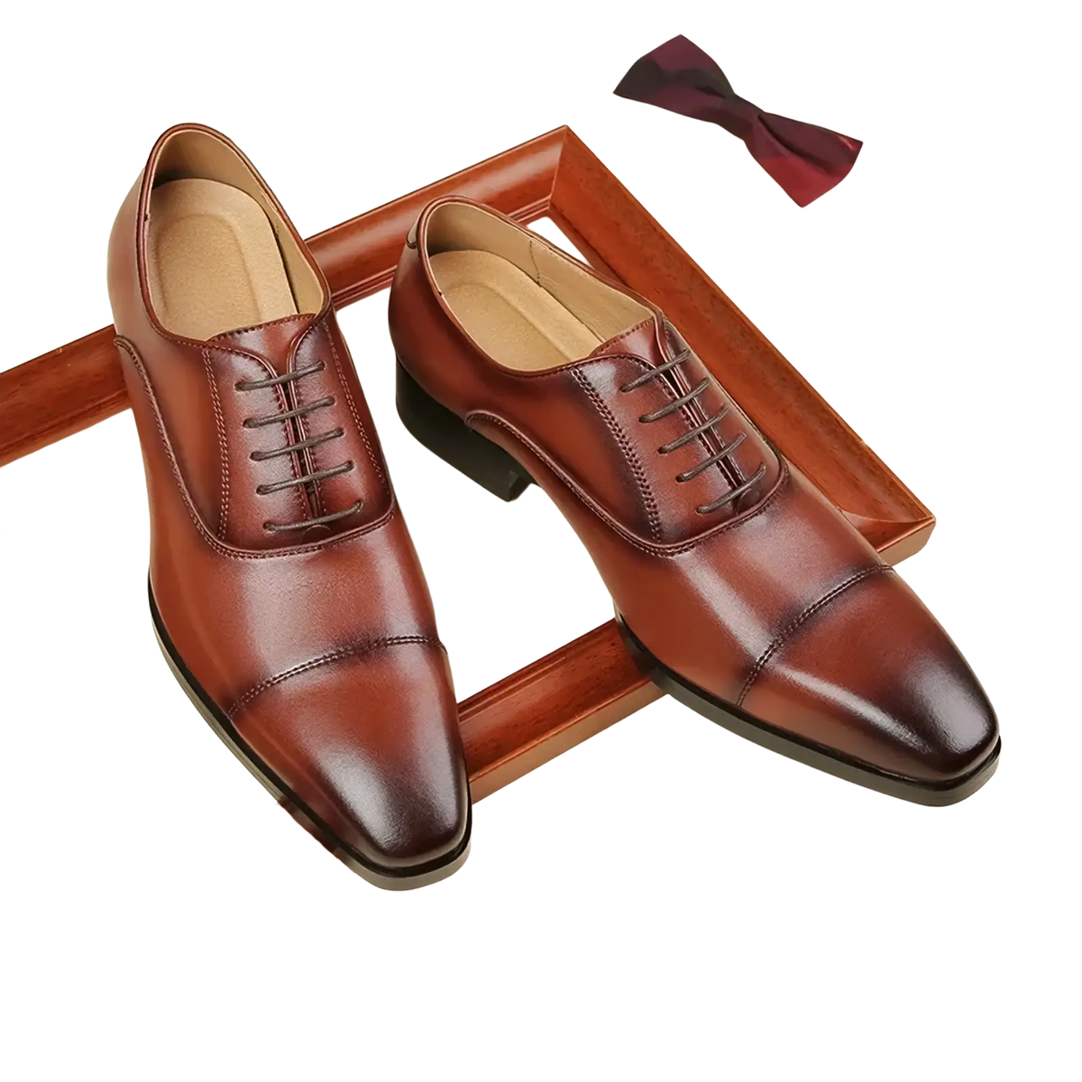 Men leather oxford dress shoes with brown polished leather and black laces for formal business footwear